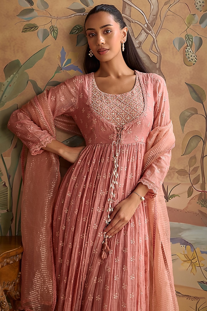 Blush Pink Chanderi Thread Embroidered Party Wear Anarkali Set by Kritika Dawar at Pernia's Pop Up Shop