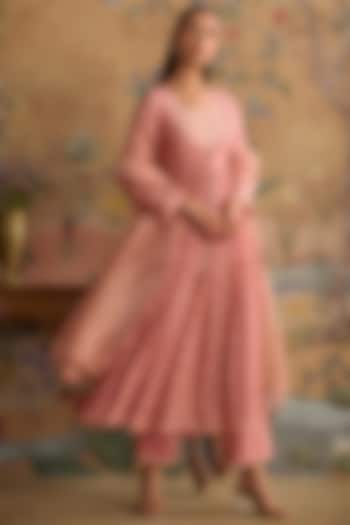 Blush Pink Chanderi Thread Embroidered Party Wear Anarkali Set by Kritika Dawar at Pernia's Pop Up Shop
