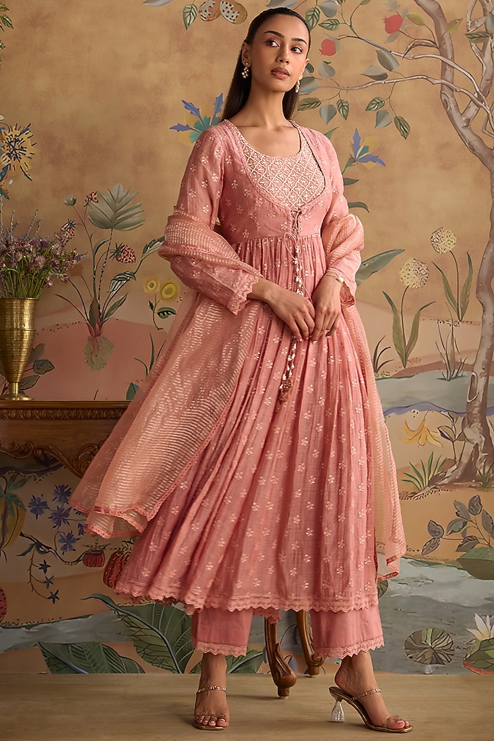 Blush Pink Chanderi Thread Embroidered Party Wear Anarkali Set by Kritika Dawar at Pernia's Pop Up Shop