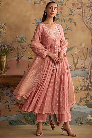 Blush Pink Chanderi Thread Embroidered Anarkali Set by Kritika Dawar
