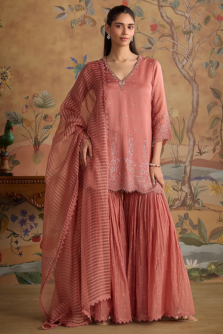 Blush Pink Chanderi Floral Embroidered Gharara Set by Kritika Dawar at Pernia's Pop Up Shop