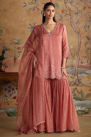 Blush Pink Chanderi Floral Embroidered Gharara Set by Kritika Dawar