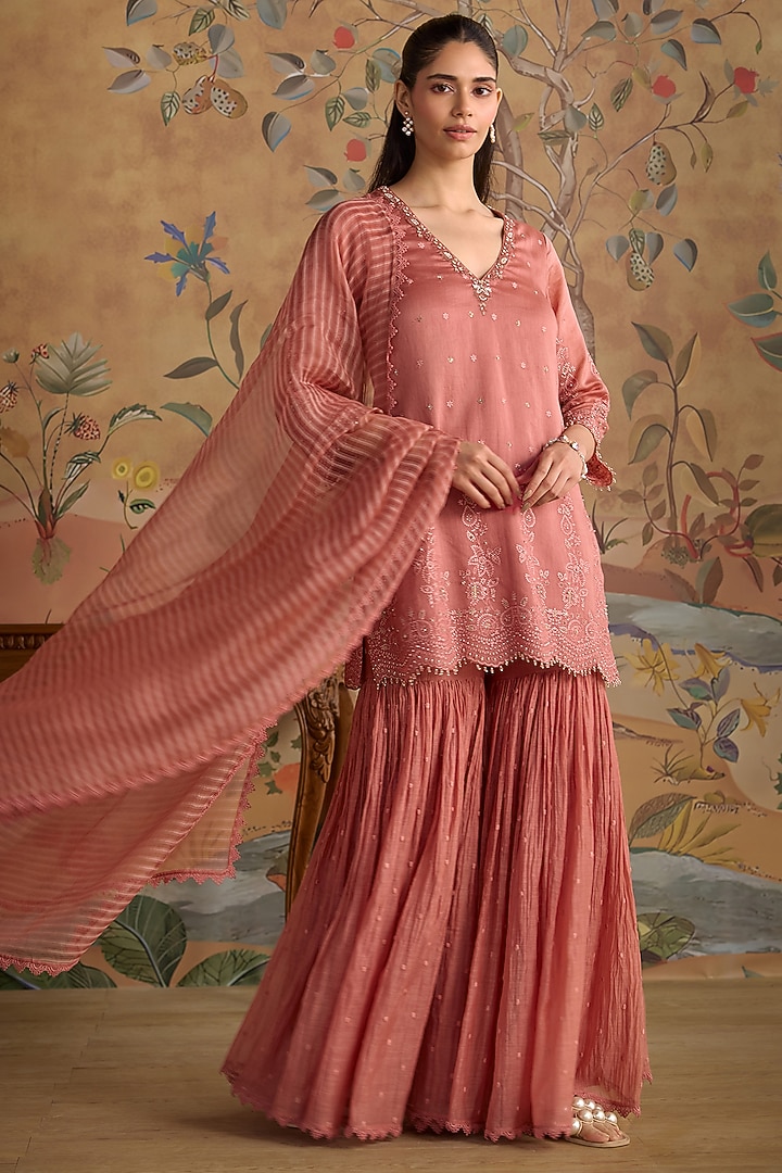 Blush Pink Chanderi Floral Embroidered Gharara Set by Kritika Dawar at Pernia's Pop Up Shop