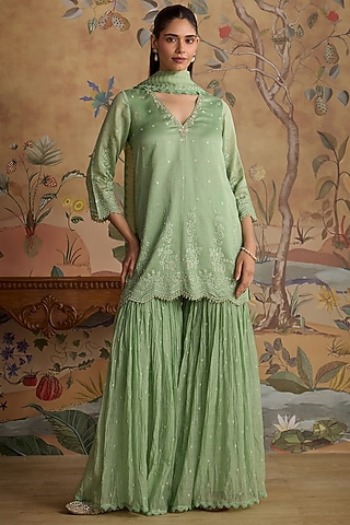 Mint Green Chanderi Floral Embroidered Gharara Set by Kritika Dawar
