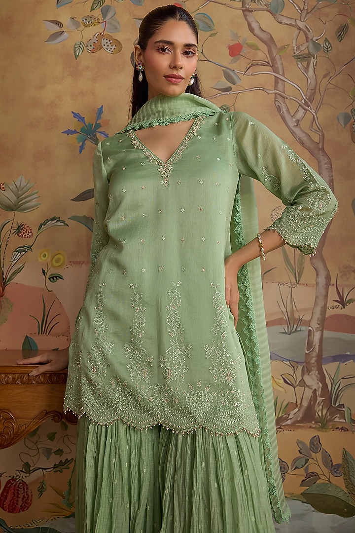 Mint Green Chanderi Floral Embroidered Gharara Set by Kritika Dawar at Pernia's Pop Up Shop