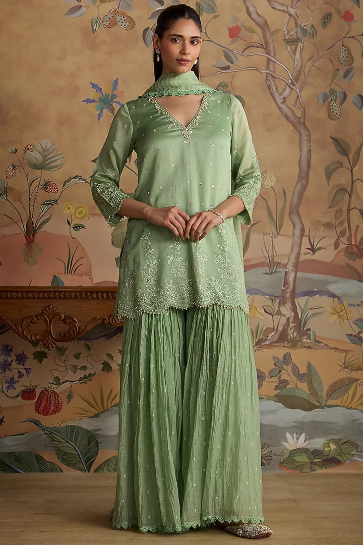 Mint Green Chanderi Floral Embroidered Gharara Set by Kritika Dawar at Pernia's Pop Up Shop