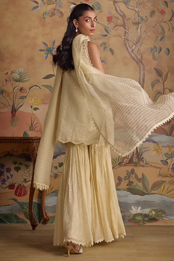 Ivory Chanderi Floral Embroidered Gharara Set by Kritika Dawar at Pernia's Pop Up Shop
