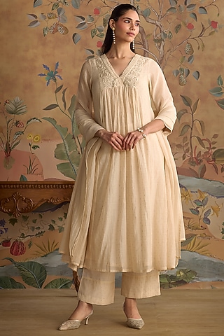 Ivory Chanderi Block Printed Kurta Set by Kritika Dawar