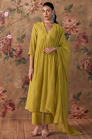 Yellow Chanderi Block Printed Kurta Set by Kritika Dawar