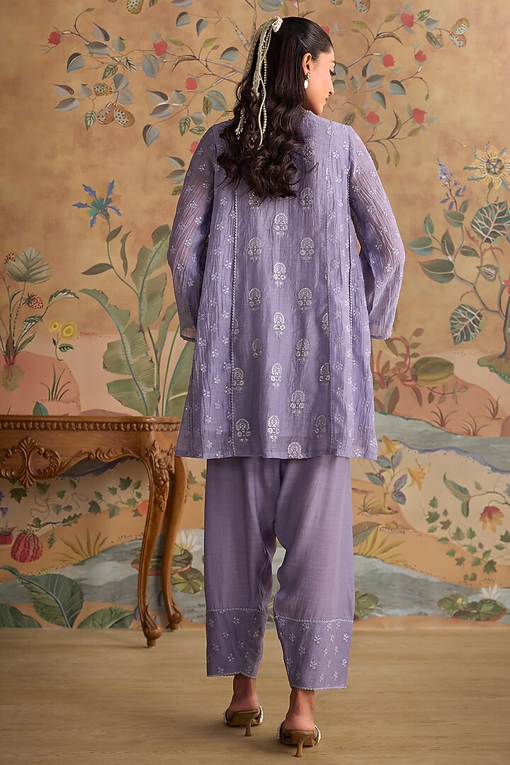 Violet Chanderi Floral Embroidered A-Line Kurta Set by Kritika Dawar at Pernia's Pop Up Shop
