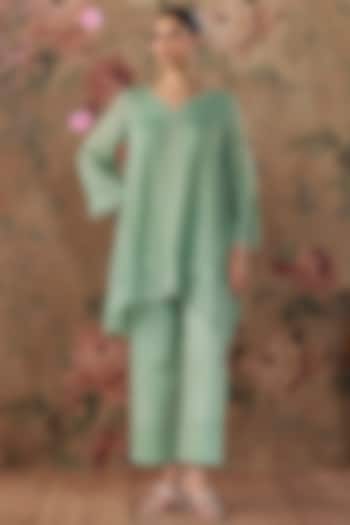 Mint Green Chanderi Floral Embroidered A-Line Kurta Set by Kritika Dawar at Pernia's Pop Up Shop