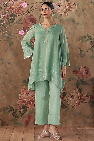 Mint Green Chanderi Floral Embroidered A-Line Kurta Set by Kritika Dawar