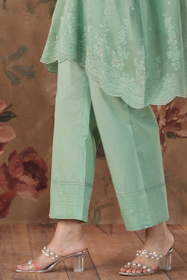 Mint Green Chanderi Floral Embroidered A-Line Kurta Set by Kritika Dawar at Pernia's Pop Up Shop