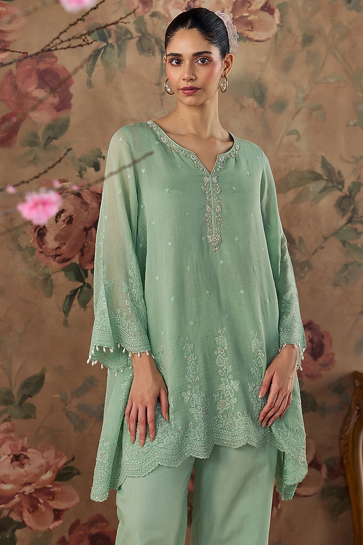 Mint Green Chanderi Floral Embroidered A-Line Kurta Set by Kritika Dawar at Pernia's Pop Up Shop