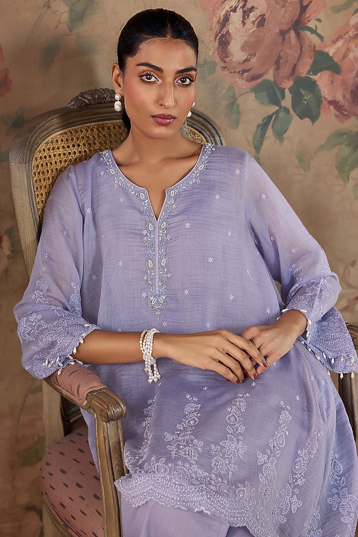 Violet Chanderi Embroidered Flowy Co-Ord Set by Kritika Dawar at Pernia's Pop Up Shop
