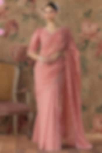 Blush Pink Chanderi Floral Embroidered Wedding Saree Set by Kritika Dawar at Pernia's Pop Up Shop