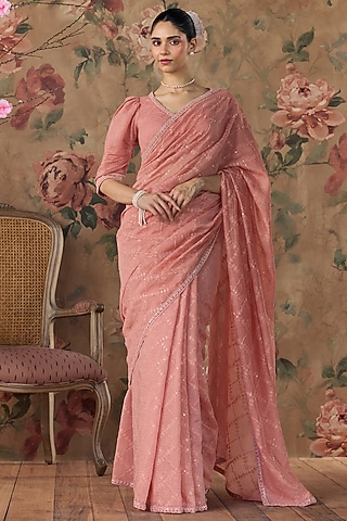 Blush Pink Chanderi Floral Embroidered Saree Set by Kritika Dawar