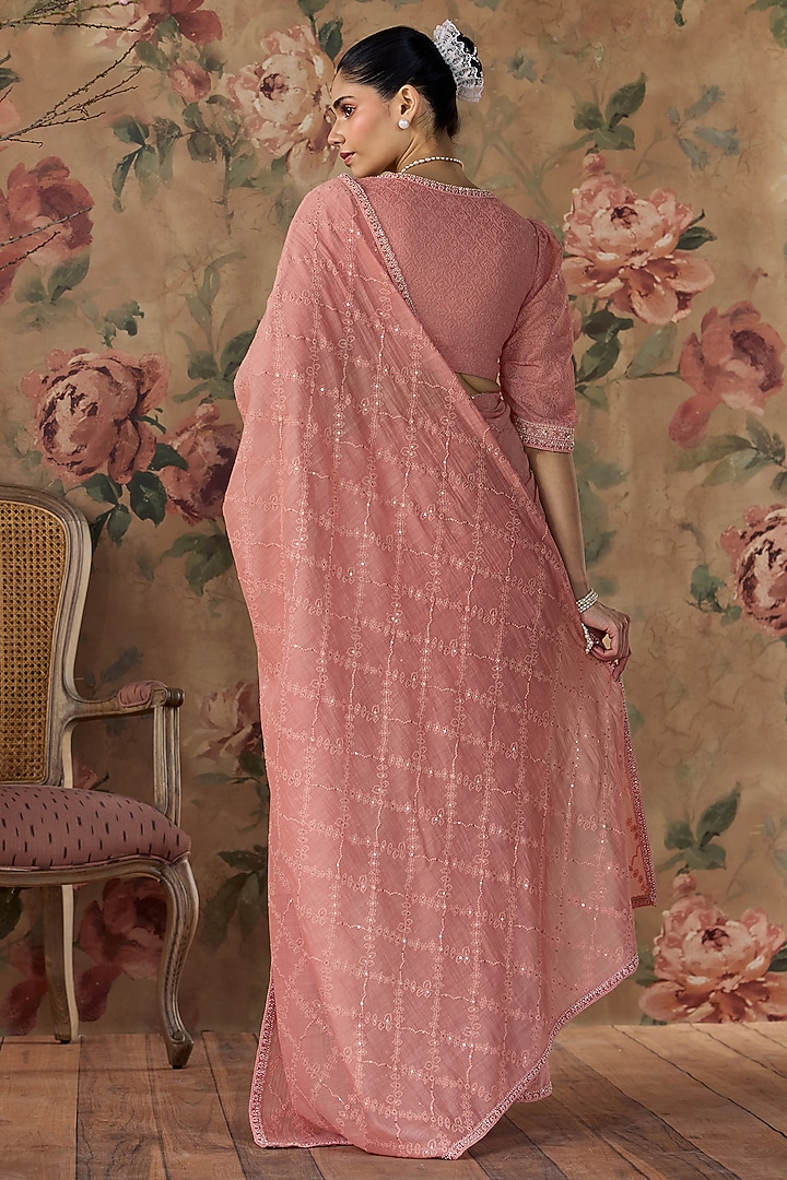 Blush Pink Chanderi Floral Embroidered Wedding Saree Set by Kritika Dawar at Pernia's Pop Up Shop