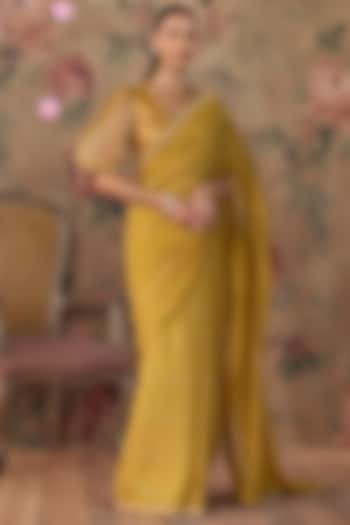 Yellow Chanderi Floral Embroidered Wedding Saree Set by Kritika Dawar at Pernia's Pop Up Shop
