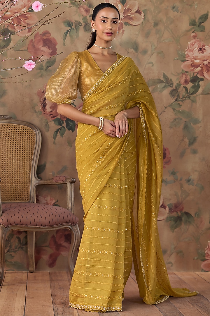 Yellow Chanderi Floral Embroidered Wedding Saree Set by Kritika Dawar at Pernia's Pop Up Shop