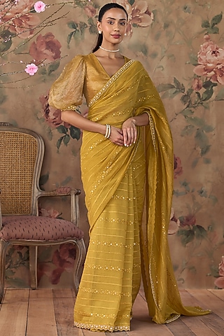 Yellow Chanderi Floral Embroidered Saree Set by Kritika Dawar