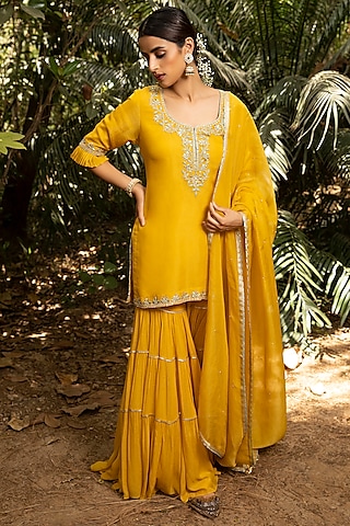 Yellow Hand Embroidered Sharara Set by Kritika Dawar