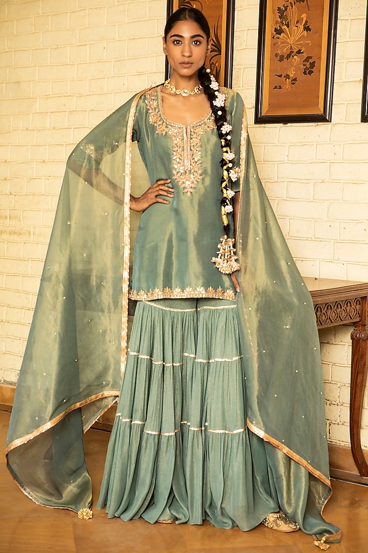 Green Embroidered Sharara Set by Kritika Dawar