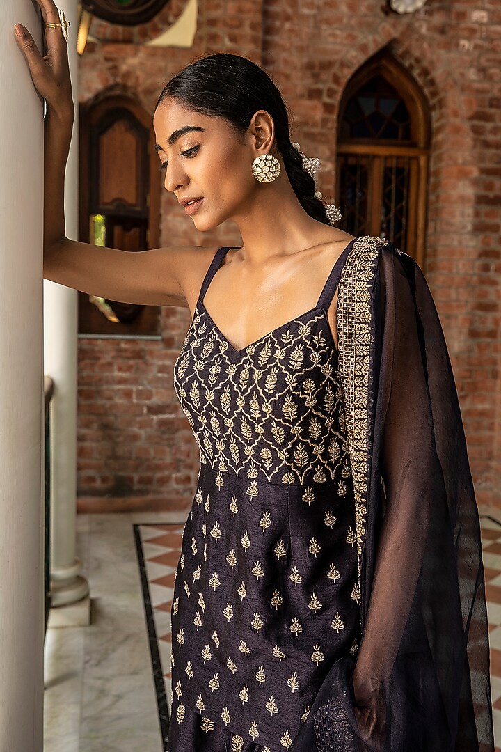Blue Silk Zari Embroidered Gharara Set by Kritika Dawar at Pernia's Pop Up Shop