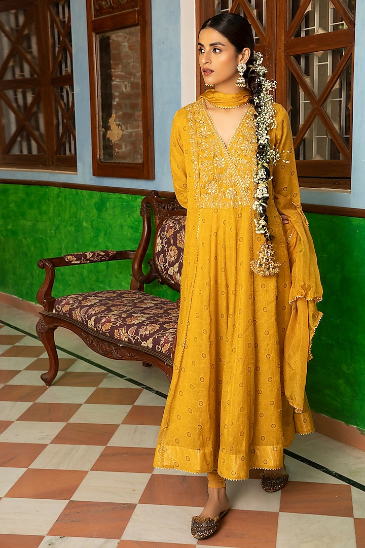 Yellow Embroidered Anarkali Set by Kritika Dawar