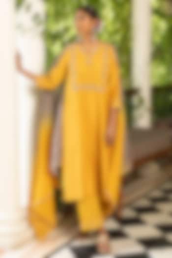 Yellow Woven Chanderi Kurta Set by Kritika Dawar