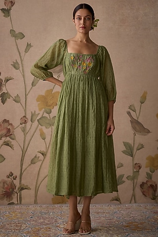 Green Chanderi Block Printed & Hand Embroidered Tunic by Kritika Dawar