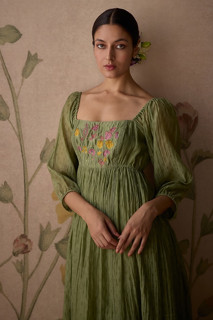 Green Chanderi Block Printed & Hand Embroidered Tunic by Kritika Dawar at Pernia's Pop Up Shop