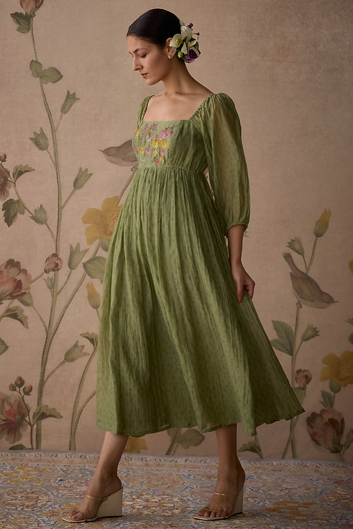 Green Chanderi Block Printed & Hand Embroidered Tunic by Kritika Dawar at Pernia's Pop Up Shop