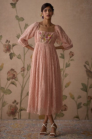 Pink Chanderi Block Printed & Hand Embroidered Tunic by Kritika Dawar