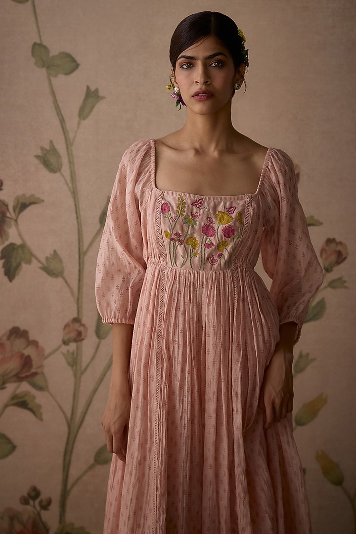 Pink Chanderi Block Printed & Hand Embroidered Tunic by Kritika Dawar at Pernia's Pop Up Shop