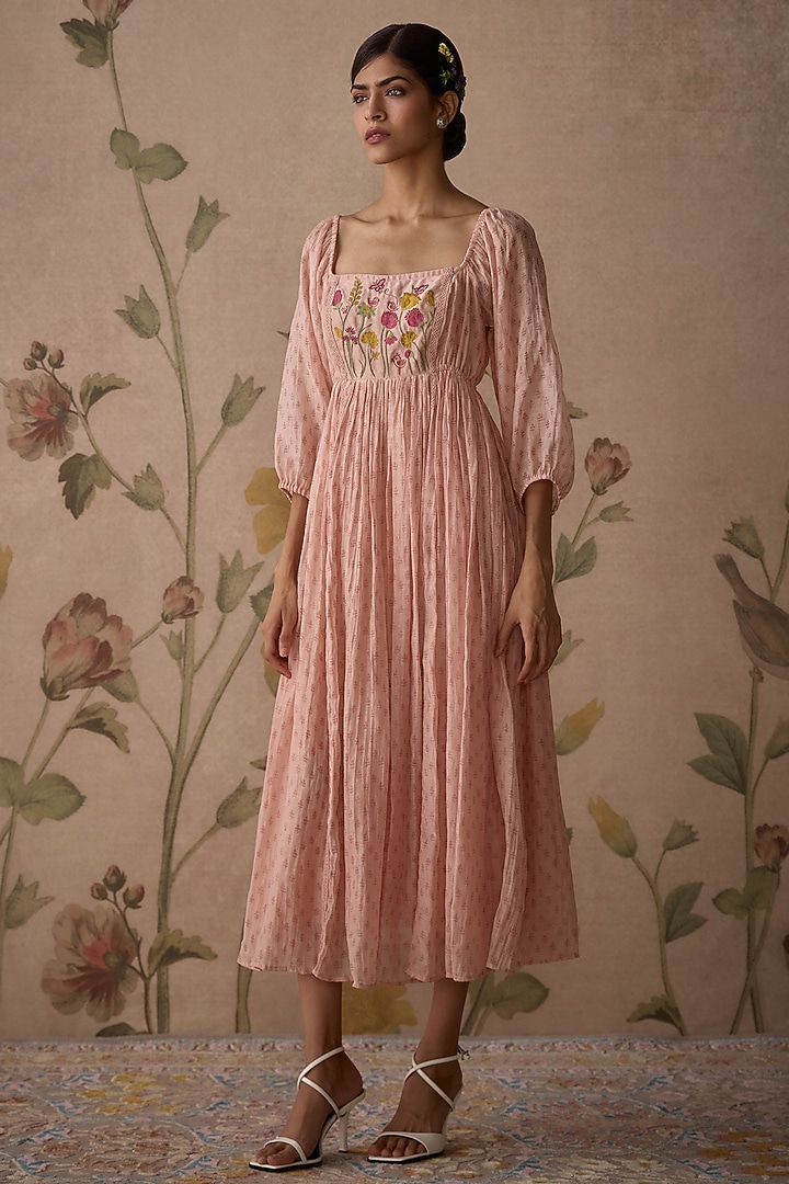 Pink Chanderi Block Printed & Hand Embroidered Tunic by Kritika Dawar at Pernia's Pop Up Shop