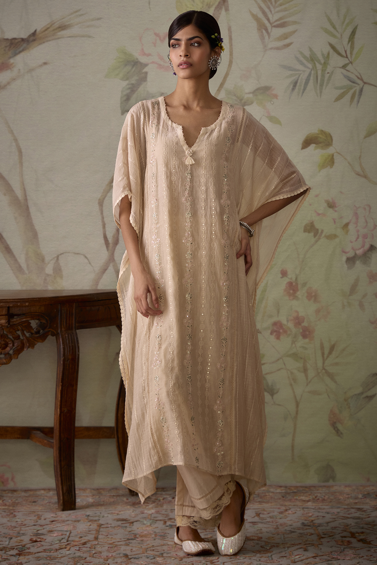 Ivory Chanderi Hand Embroidered Kaftan Set by Kritika Dawar at Pernia's Pop Up Shop