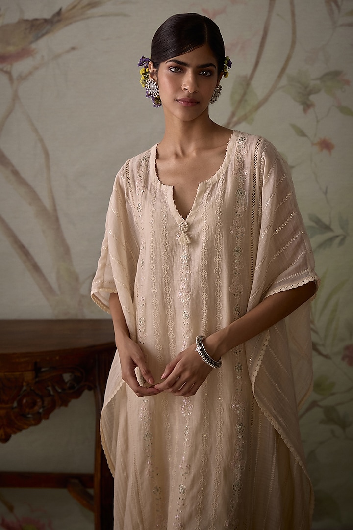 Ivory Chanderi Hand Embroidered Kaftan Set by Kritika Dawar at Pernia's Pop Up Shop