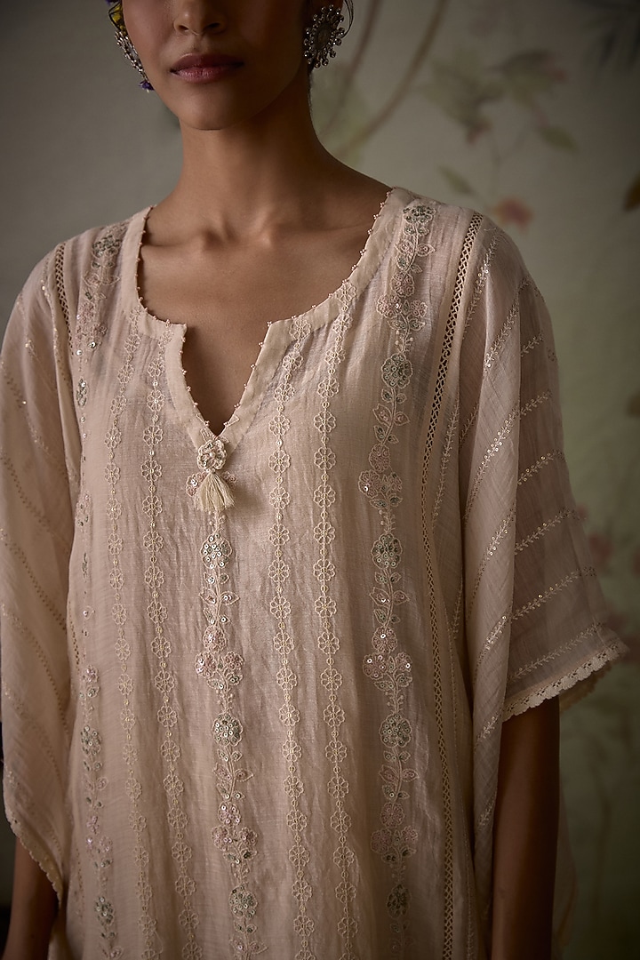 Ivory Chanderi Hand Embroidered Kaftan Set by Kritika Dawar at Pernia's Pop Up Shop