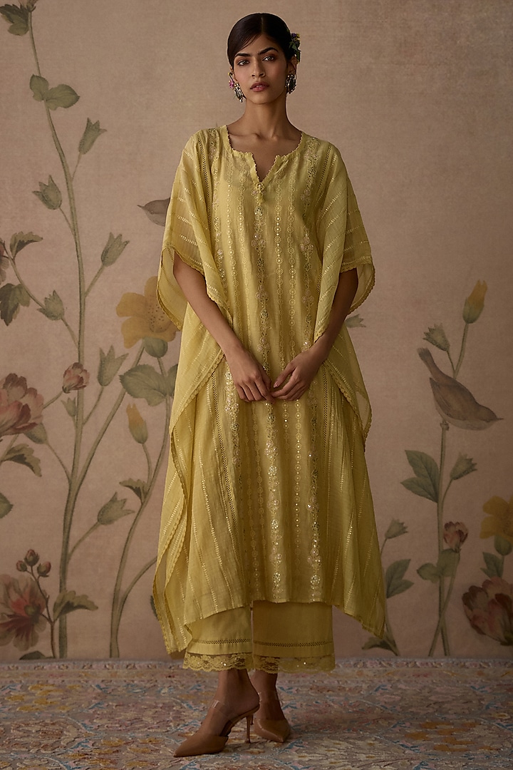 Lemon Yellow Chanderi Hand Embroidered Kaftan Set by Kritika Dawar at Pernia's Pop Up Shop