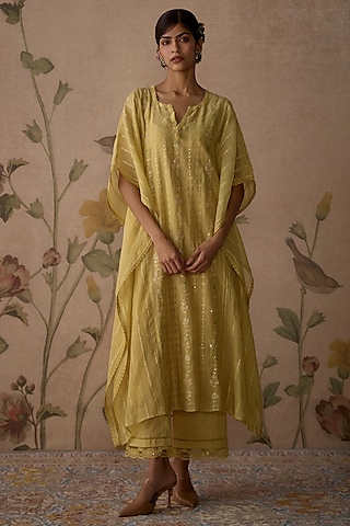 Lemon Yellow Chanderi Hand Embroidered Kaftan Set by Kritika Dawar