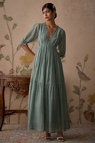 Firozi Chanderi Handblock Printed & Hand Embroidered Maxi Dress by Kritika Dawar