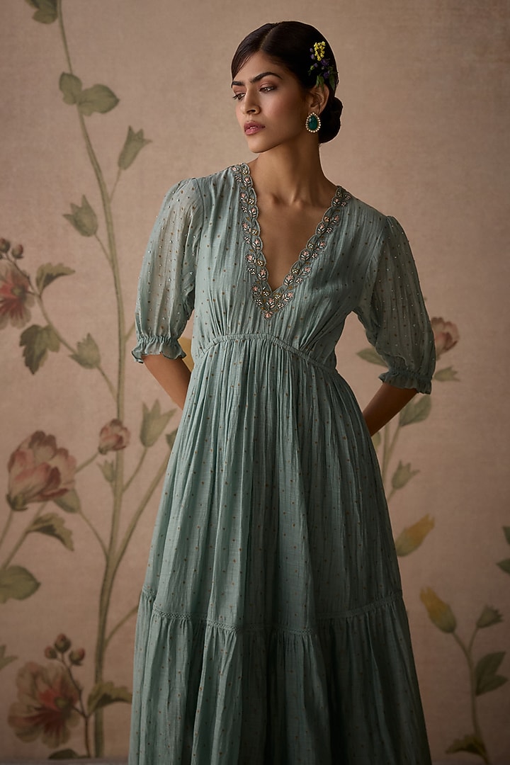 Firozi Chanderi Handblock Printed & Hand Embroidered Maxi Vacation Dress by Kritika Dawar at Pernia's Pop Up Shop