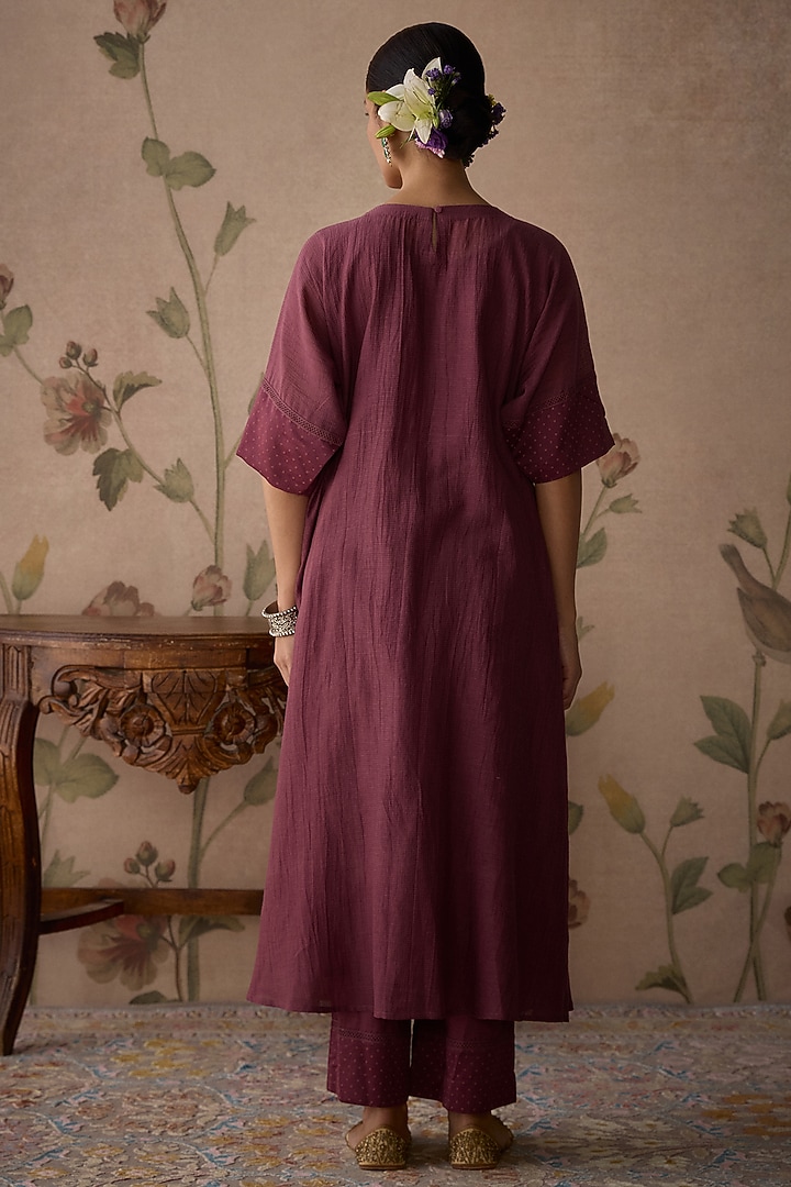 Wine Chanderi Thread Hand Embroidered Handwoven Gathered Tunic Set by Kritika Dawar at Pernia's Pop Up Shop