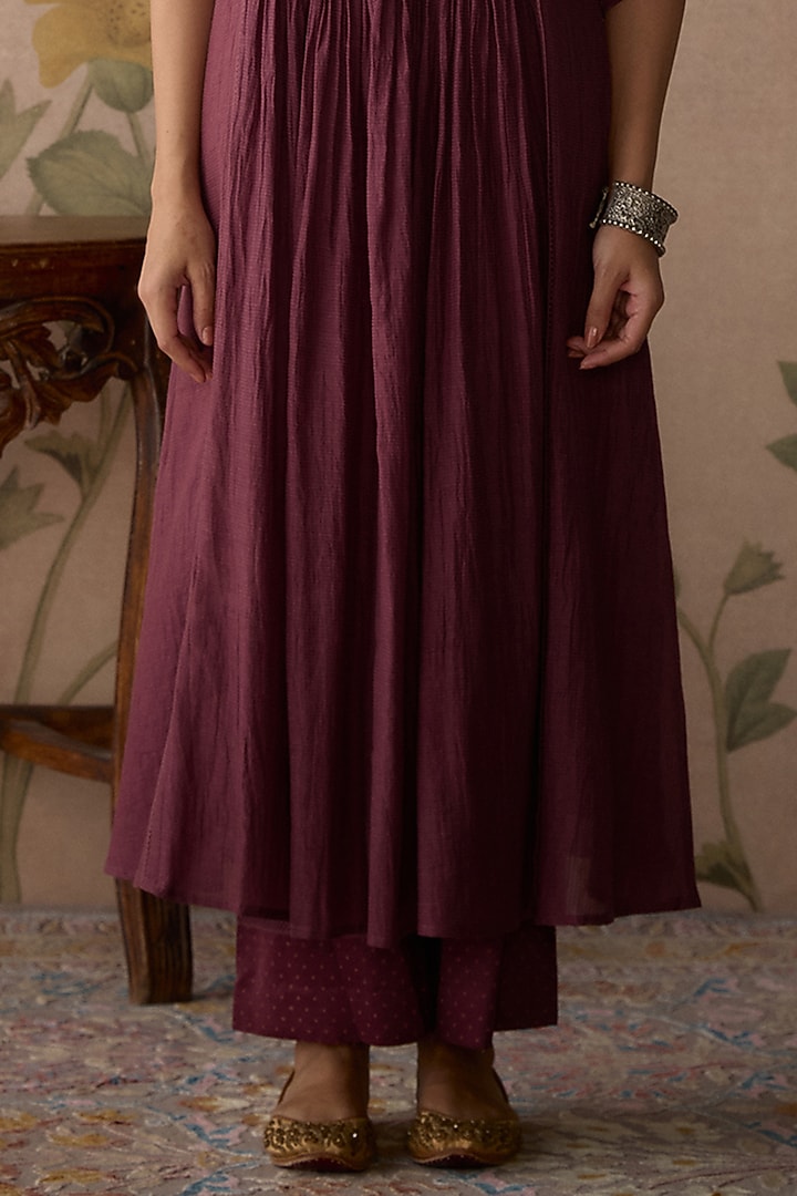 Wine Chanderi Thread Hand Embroidered Handwoven Gathered Tunic Set by Kritika Dawar at Pernia's Pop Up Shop