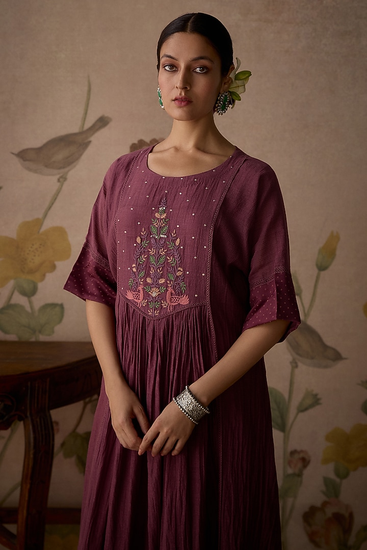 Wine Chanderi Thread Hand Embroidered Handwoven Gathered Tunic Set by Kritika Dawar at Pernia's Pop Up Shop