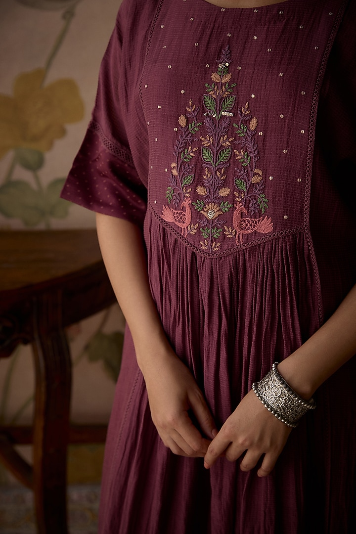 Wine Chanderi Thread Hand Embroidered Handwoven Gathered Tunic Set by Kritika Dawar at Pernia's Pop Up Shop