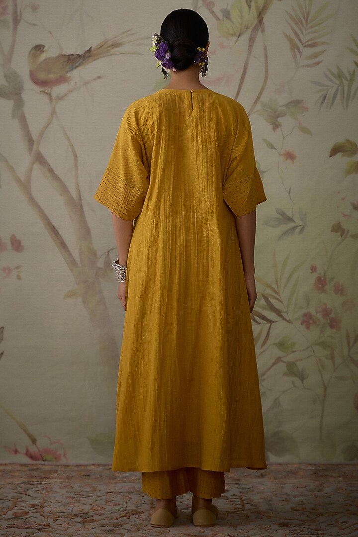 Yellow Chanderi Thread Hand Embroidered Handwoven Gathered Tunic Set by Kritika Dawar at Pernia's Pop Up Shop