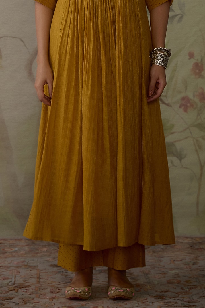 Yellow Chanderi Thread Hand Embroidered Handwoven Gathered Tunic Set by Kritika Dawar at Pernia's Pop Up Shop