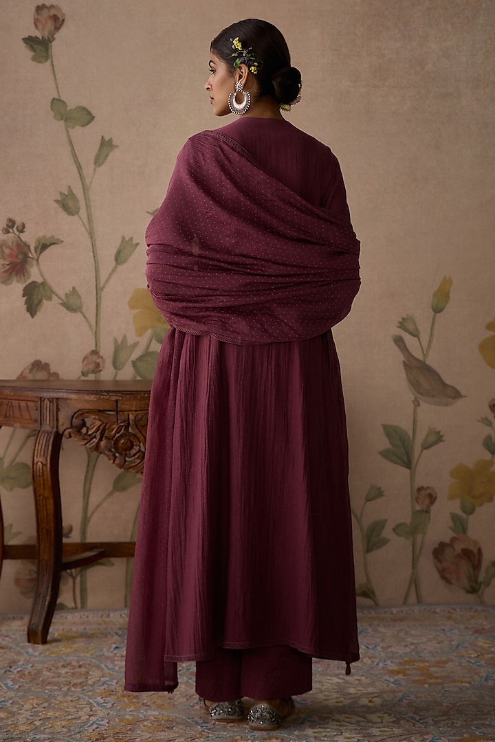 Wine Chanderi Thread Hand Embroidered Gathered A-Line Kurta Set by Kritika Dawar at Pernia's Pop Up Shop